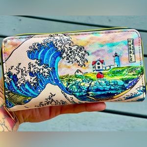 The Great Wave Off Nubble Lighthouse Maine Vegan Leather Zipper Wallet Clutch
